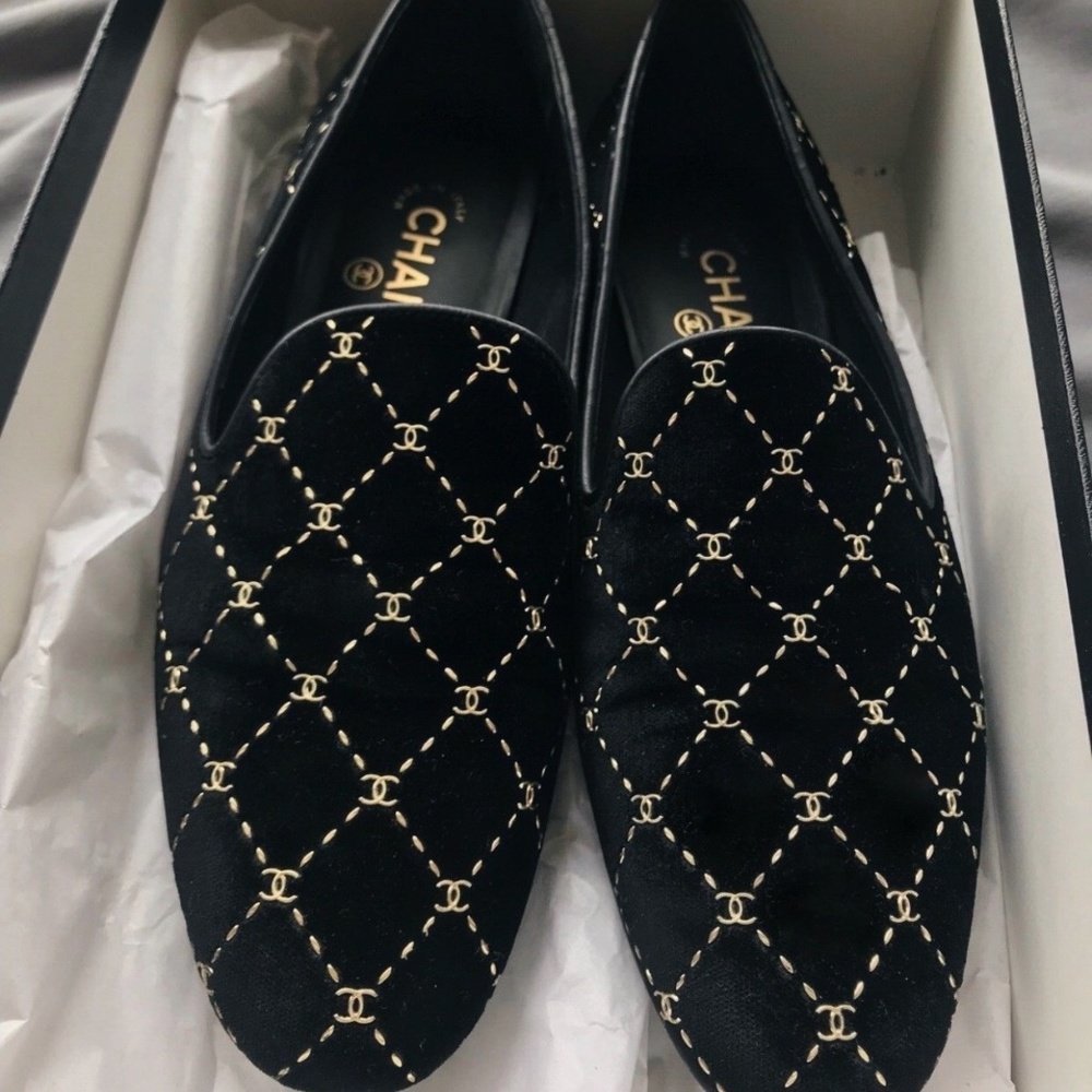 [SOLD] Chanel CC Velvet Loafers in size 38